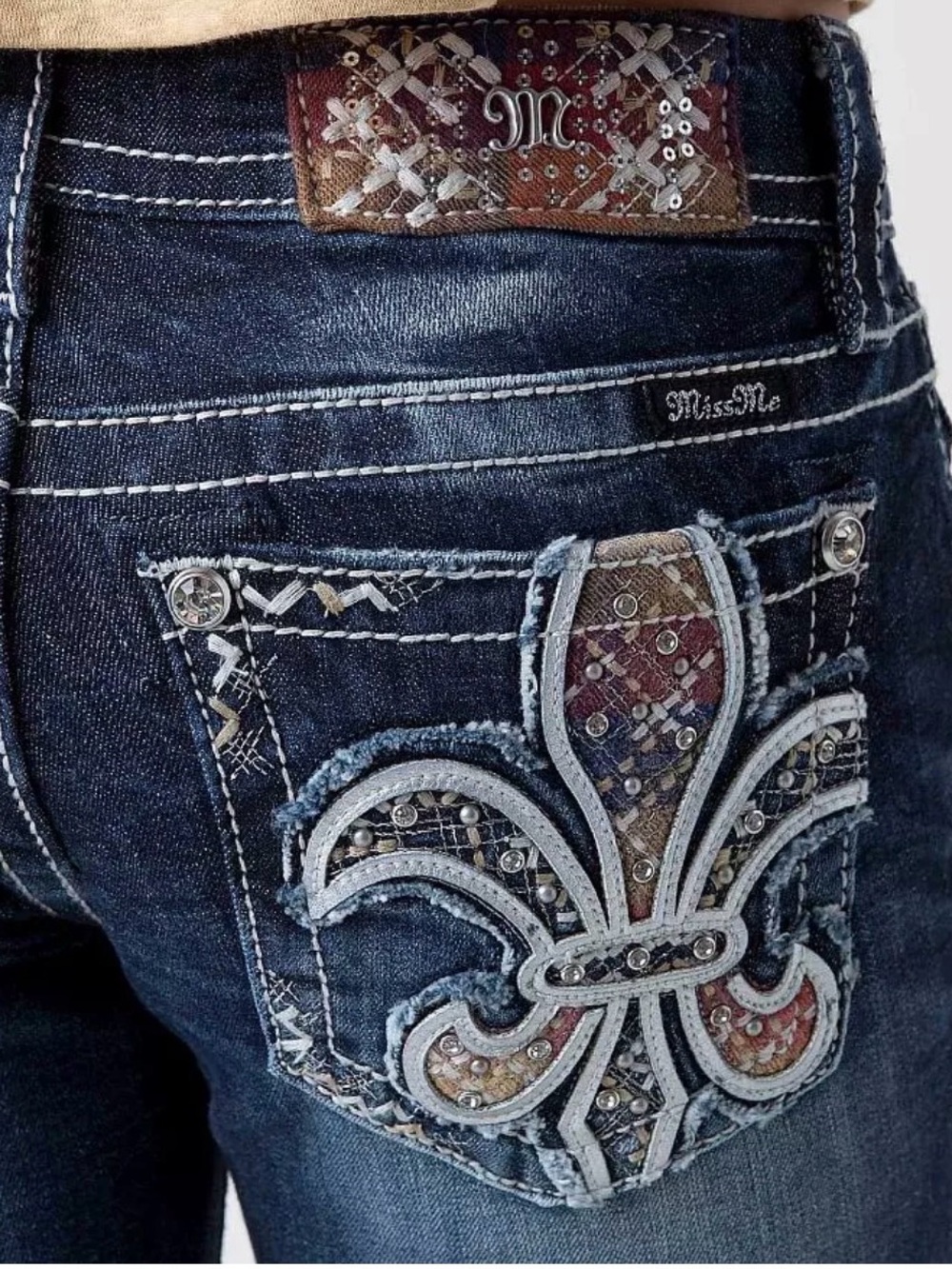 Miss Me Dark Blue Skinny Jeans with Embellished Fleur-de-Lis Pockets
